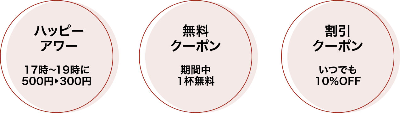 ハッピーアワー・無料クーポン・割引クーポン